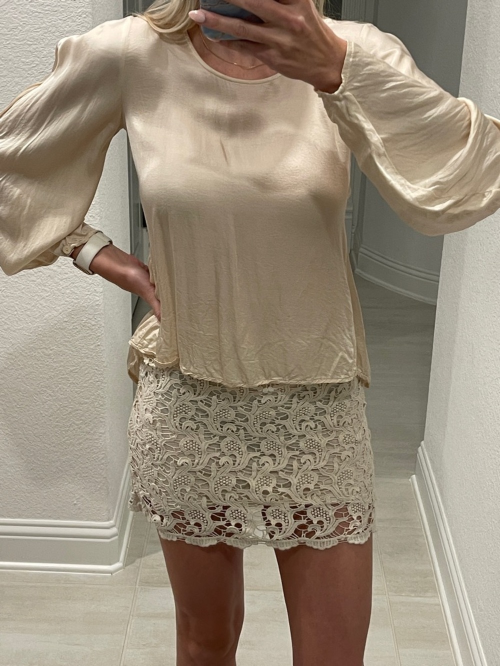 Cream Satin Puff-Sleeve Blouse